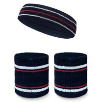 COUVER Premium Tennis Style Standard Size Sweatband Headband Wristbands Set - Navy / White / Red lines
