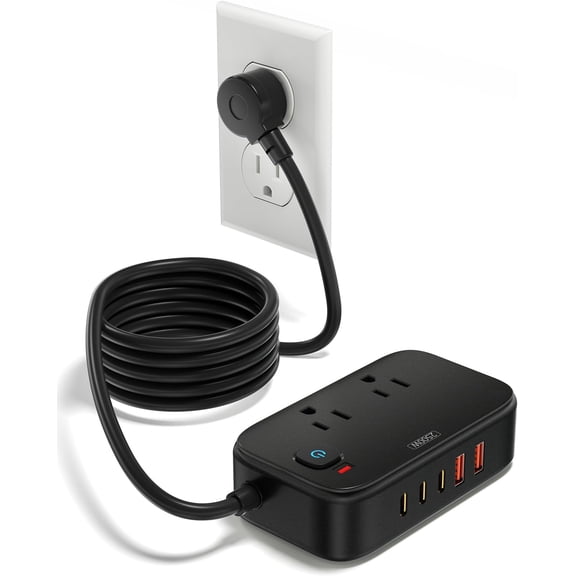 Power Strip with C - 40W Station with 2 Outlets 3 C & 2 A - for Multiple Devices, 5Ft Flat Plug Extension Cord for Travel Cruise Ship Office Dorm (Black)