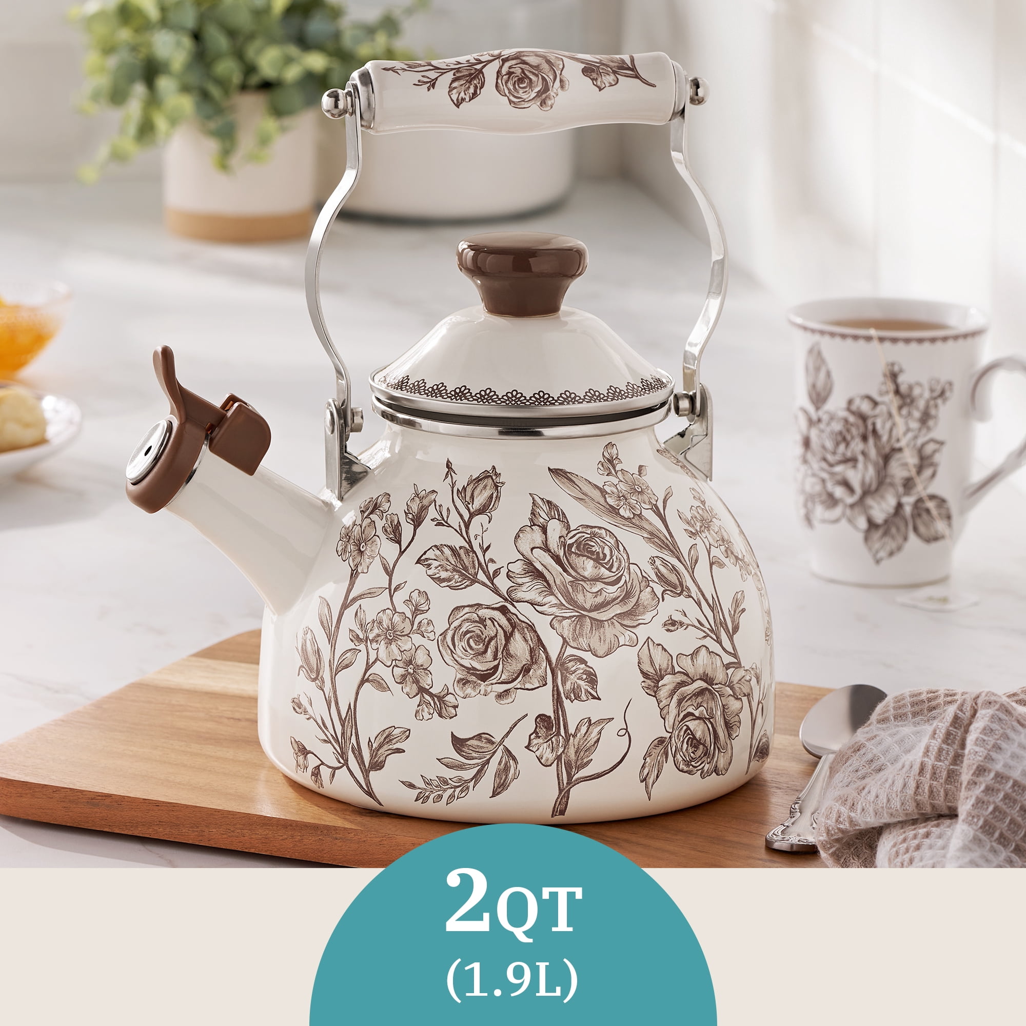 The Pioneer Woman Agatha 2.0-Quart Whistling Tea Kettle, Enamel on Steel, Brown