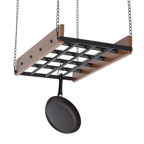 Vintage Hanging Pot Rack Ceiling Mount Pot Rack with 12 S-Shaped Hooks, Multi- Purpose Rustic Wood and Metal Cookware Kitchen Storage Organizer for Kitchen Over Island