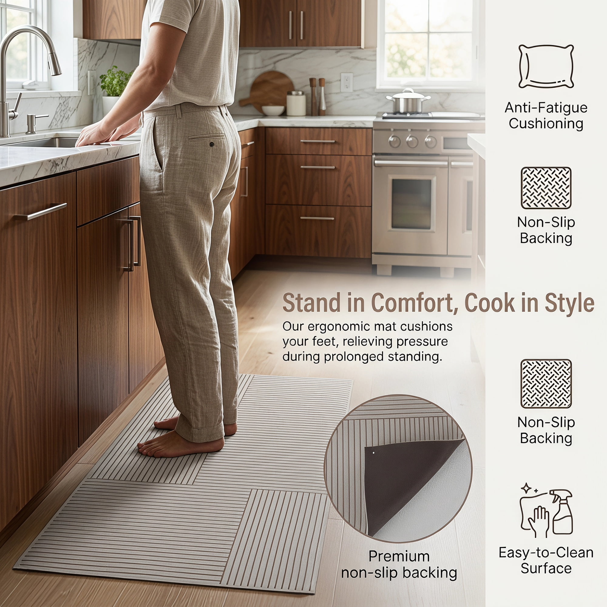 Unique Bargains Geometric Anti Waterproof Non Slip Rubber Mat Beige Line 30" x 18"