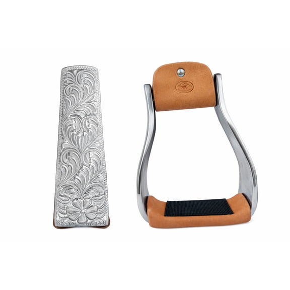 Horse Saddle Angled Offset Stirrups Engraved Aluminum Western Leather 51194
