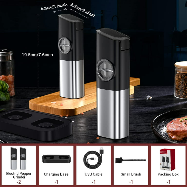 PRIME, Electric Salt and Pepper Grinder Set, 2 Mills, Rechargeable, With  Charging Base, USB Cable, Power Adapter, Automatic Tact Switch Operation,  Adjustable Coarseness, Stainless Steel (Ver. 2.2) 