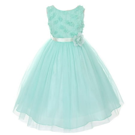 Little Girls Mint Chiffon Rosebud Applique Bodice Tulle Flower Girl Dress