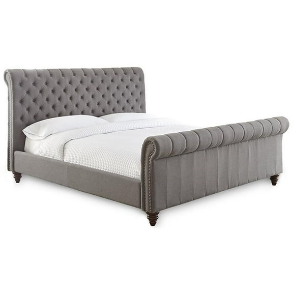 Bowery Hill Contemporary Tufted King Wood Sleigh Bed in Gray