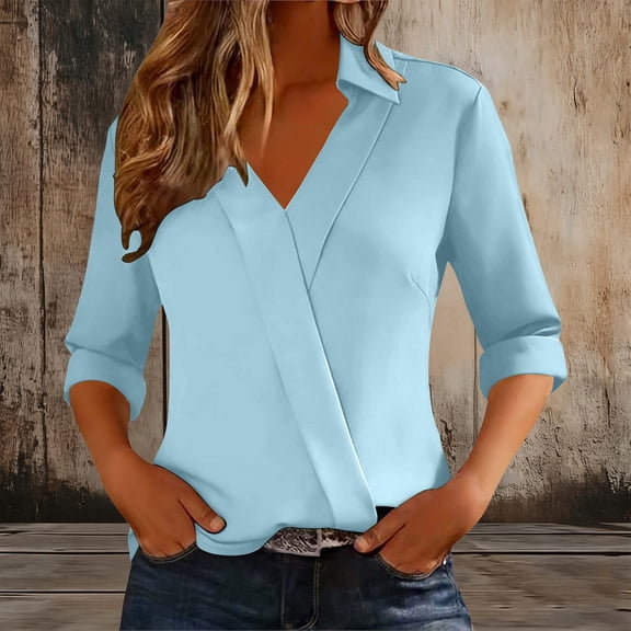 ClodeEU Womens Long Sleeve V Neck Shirt ,Classic Fit Dress Shirts Solid Work Office Blouse Light Blue,Womens Plus S