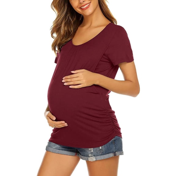 Lovzfmll Womens Tops Summer Solid Color Round Neck Short Sleeve Casual Loose Daily Comfortable Breastfeeding Blouse for Pregnant Women Nursing Clothes Lightweight T-Shirt Wine L