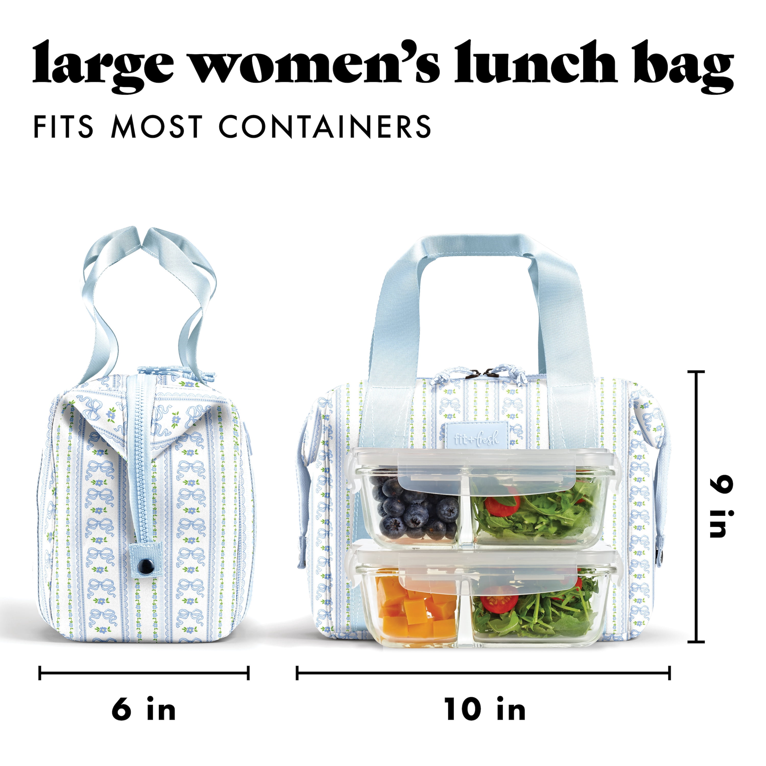 Fit + Fresh Remi Womens Lunch Bag, Insulated Lunch Box With Containers, Blue Wallpaper Bows