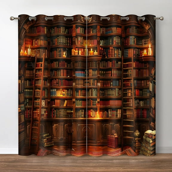 Vintage Bookshelf Blackout Curtains Library Books Bookcase Ladder Candle Decor Shading Drapes for Bedroom Study Classroom Living Room Darkening Grommet Window Drapes 2 Panel Set, 42"x63"