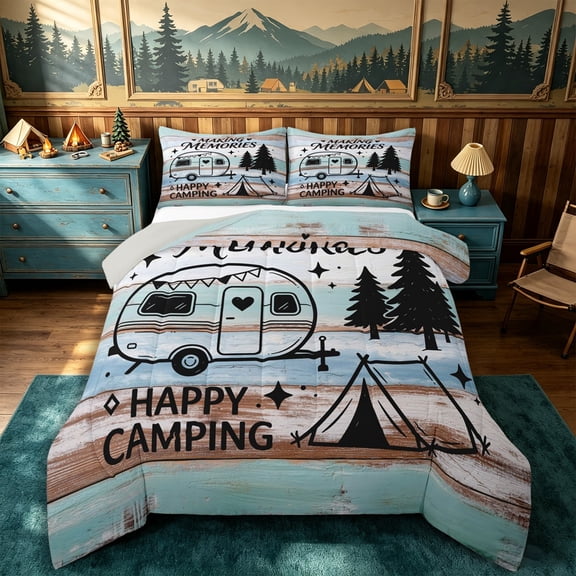 Manfei Kawaii Camper Full Size Comforter Sets 3-Piece,Cartoon Adventure RV Accessories Bedding Comforter Set,Black Light Blue,1 Comforter and 2 Pillowcases,Reversible