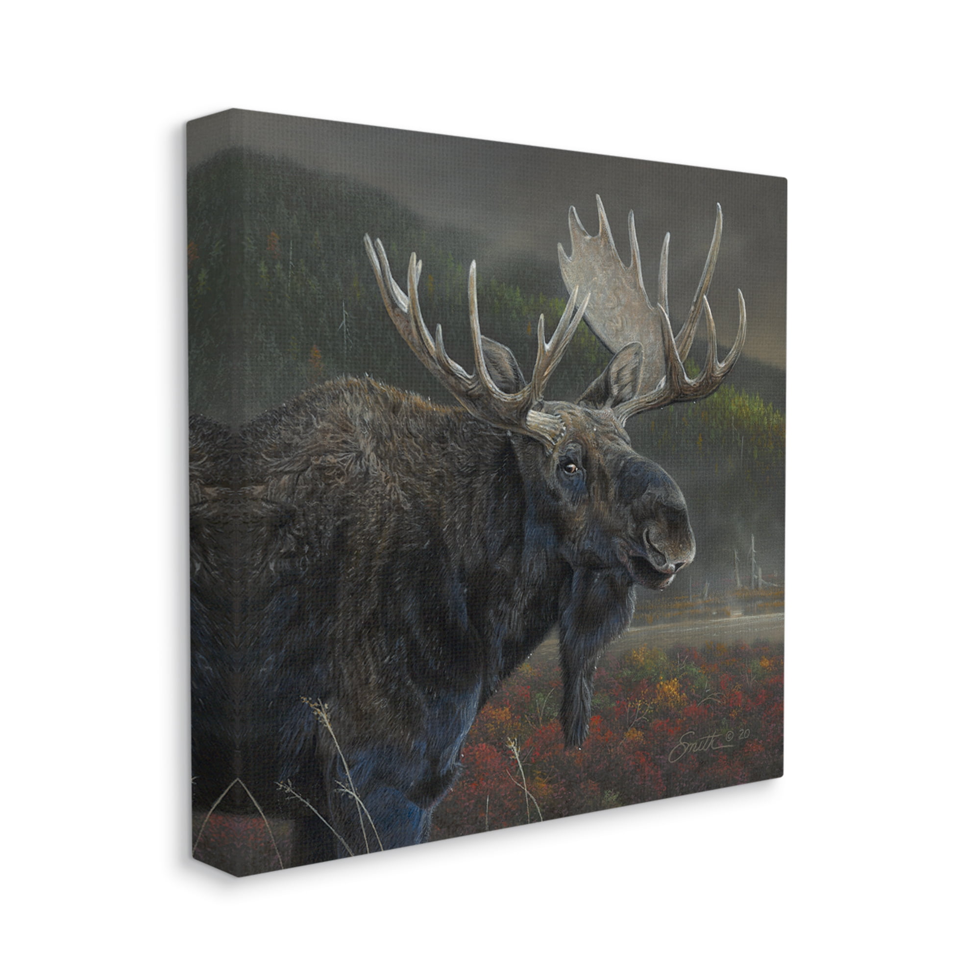 Stupell Industries Moose Dark Forest Landscape Animals & Insects Painting Gallery Wrapped Canvas Print Wall Art