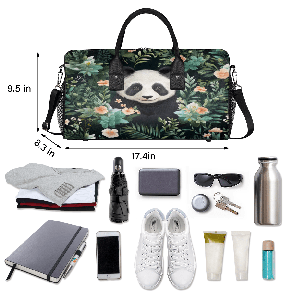 Herdesigns Panda Gym Bag for Women Men, Travel Duffle Bag Lightweight Waterproof Carry on Weekender Overnight Tote for Dance Cheer Sport, Panda Flowers