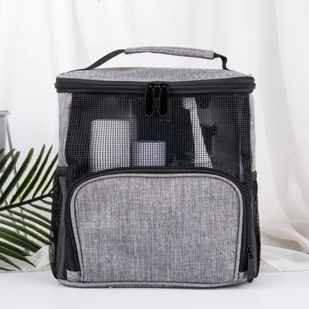 Bolsa de ducha ManTuo de malla, portátil, para baño, gimnasio, viajes y camping, organizador de ducha colgante de secado rápido, neceser, color negro y gris.