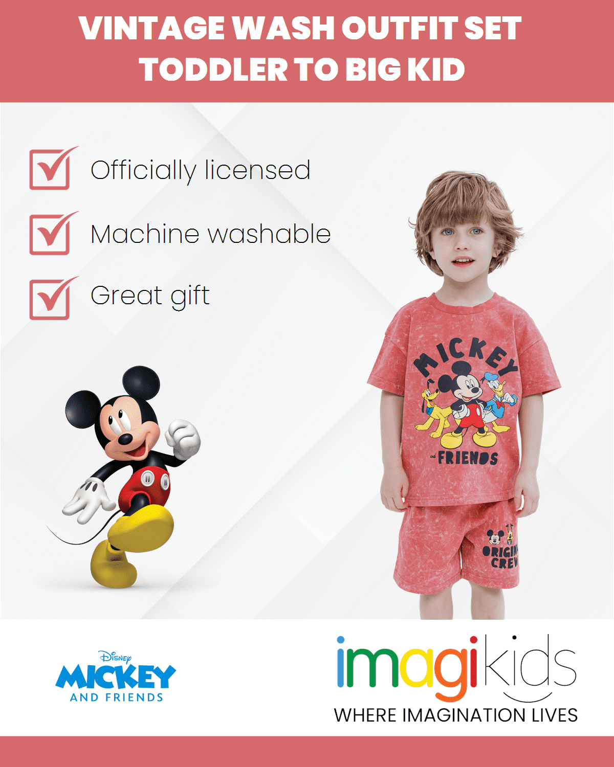 Disney Mickey Mouse Donald Duck Pluto Toddler Boys Vintage Wash Drop Shoulder T-Shirt & Shorts Outfit Set Red 2T