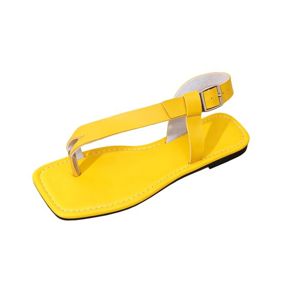 Shrysg Women's Strappy Flat Square Toe Thong Sandals Comfortable Casual Summer Flip Flops for Vacation Beach Outdoor Leisure Yellow