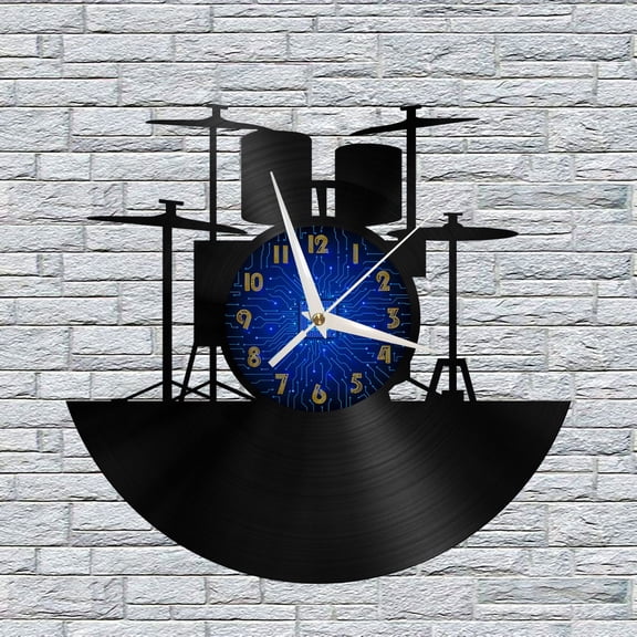 Drum Kit 3 12 Inch Vinyl Record Wall Clock - Silent, Creative, and Unique Clock for Living Room, Entryway, or Bedroom Decor - Perfect Gift Idea(12 inchs B without LED)