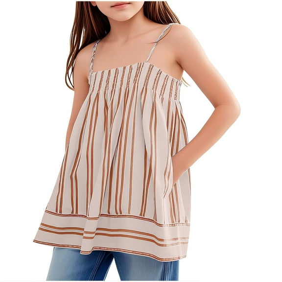 Fesfesfes Girls Sleeveless Shirts Summer Spaghetti Strap Tunic Tops Striped Ruffled Girls Cute Square Neck Clothes Blouse 3-14 Years Pleated Tank Top(Brown#2,11-12 Years)