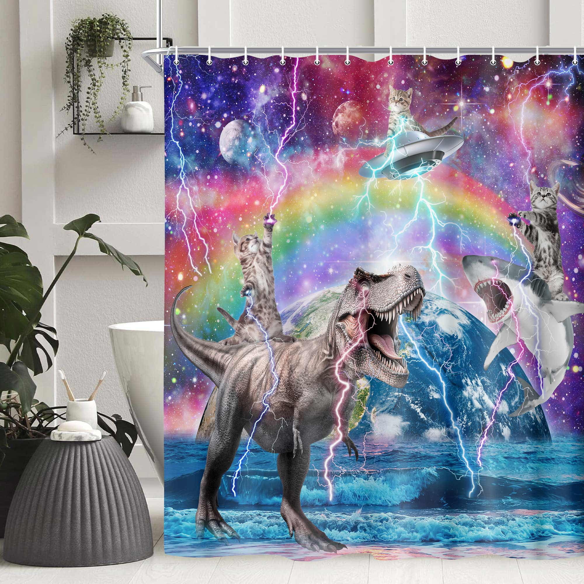 Funny Cat Shower Curtain, Cool Cat Riding Dinosaur on Fantasy Galaxy Space Shower Curtains for Boys Girls, Cute Shark Hilarious Outer Universe Anime Fabric Shower Curtain for Bathroom with Hooks