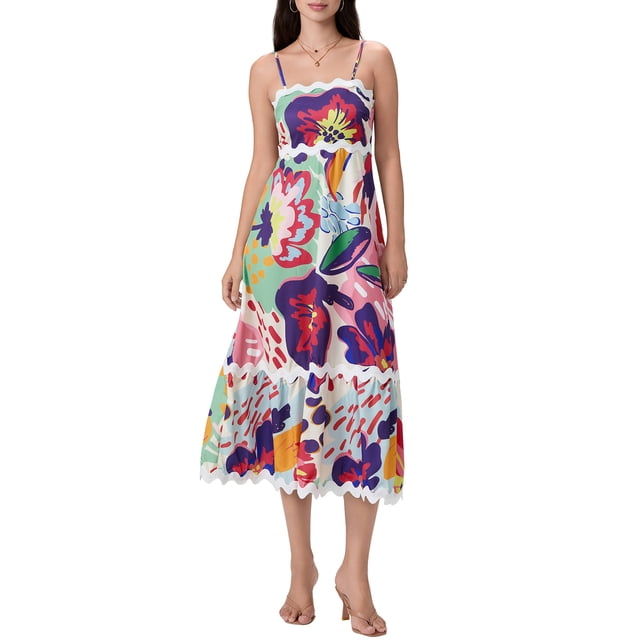 Gupgi Robe Débardeur Florale pour Femmes Bretelles Spaghetti Robes Évasées Sans Manches Taille Haute Robe Longue Fluide Robe de Plage