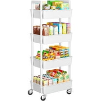 4 Tier Rolling Cart Organizer, Plastic Rolling Cart with Lockable Wheels & Reinforced Handle, Lightweight Utility Cart Storage Cart for Nursery, Kitchen, Bathroom, Craft Room, White