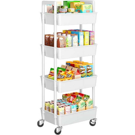 4 Tier Rolling Cart Organizer, Plastic Rolling Cart with Lockable Wheels & Reinforced Handle, Lightweight Utility Cart Storage Cart for Nursery, Kitchen, Bathroom, Craft Room, White