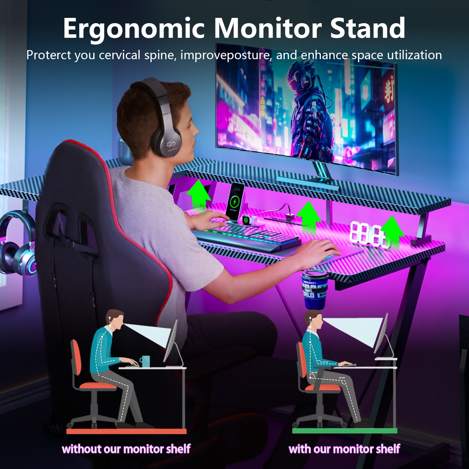 Satifur 47" Pro L-Shaped Gaming Desk Black, RGB LED, Power Hub & Monitor Riser for Ultimate Setup