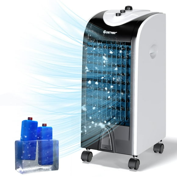 COSTWAY Enfriador de aire evaporativo, ventilador de refrigeración 3 en 1 con 2 cajas de cristal de hielo, 3 modos, 3 velocidades y tanque de agua de 4 litros, silencioso sin cuchillas, portátil para