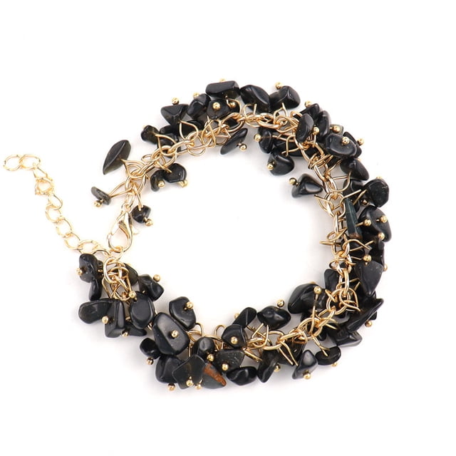 Xiao Hua Pulsera de cuentas hecha a mano, ideal para hombres y mujeres, con borlas de cristal de piedra natural irregular y gota de agua de piedra triturada (negra).
