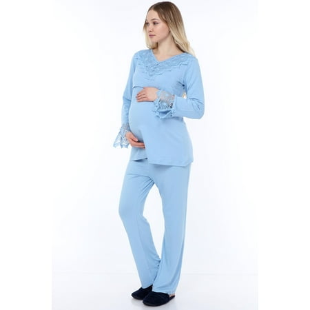 

LVMA9510 - Women s Maternity Nursing Pajamas Hospital Set Soft Long-Sleeved Button Tops PJ Pants Sleepwear Set
