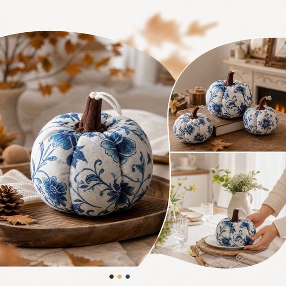 Stuffed Pumpkin Decor, Hand Stitched Soft Artificial Tabletop Ornament for Fall and Thanksgiving