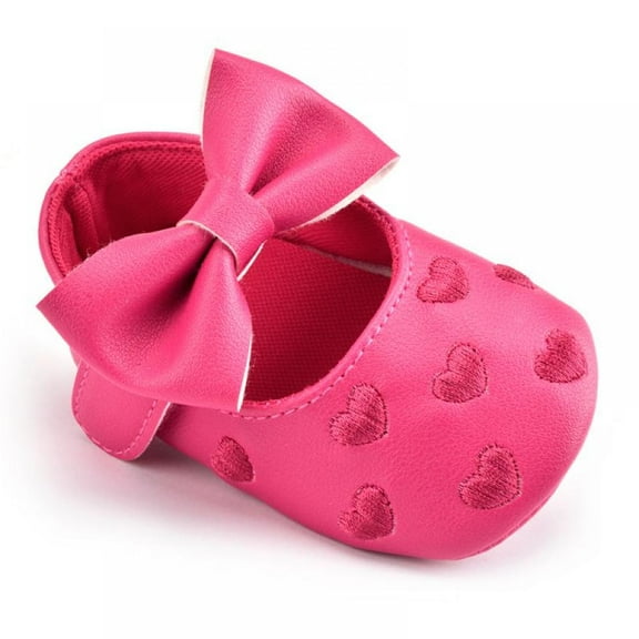 Baby Girls Mary Jane Flats with Bownot Non Slip Soft Sole PU Leather Cute Heart Embroidery Newborn Infant Toddler First Walker Cirb Dress Shoes