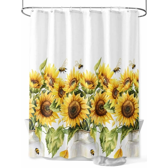 Fsddascl Sunflower Bee Shower Curtain Set - 54" x 78" Washable Bathtub Curtain with 12 Hooks, Watercolor Yellow White Summer Spring Waterproof Fabric Stall Shower Curtains for Bathroom/Bathtub