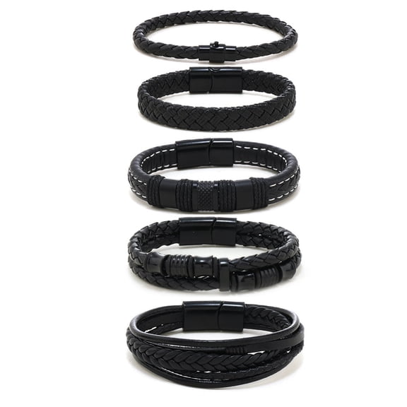 5 Pack Men's Leather Bracelet Set, Braided Cuffs with Magnetic Clasp, Best Father's Day Gift for Him