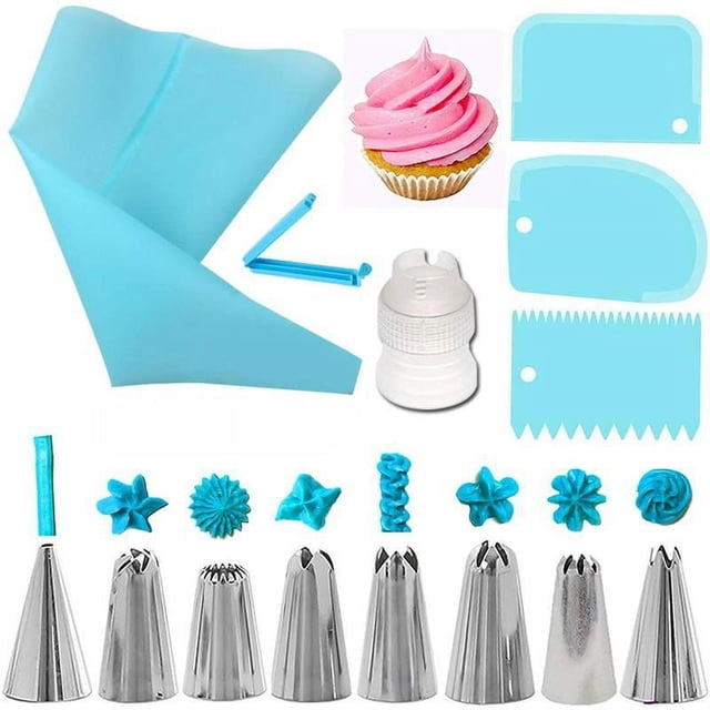 Kits de boquillas para manga pastelera de 14 piezas, decoración de pasteles, incluye 8 boquillas reutilizables de acero inoxidable, 1 acoplador de plástico reutilizable (azul)