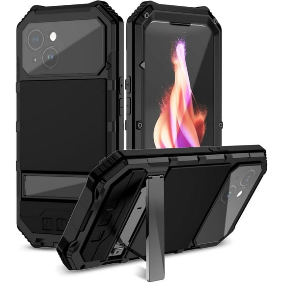 for iPhone 15 Case Heavy Duty Protection with Built in Lens Screen Protector Rugged Stand 360 Full Body Military Grade Metal Bumper Phone Cases Men 2023 6.1 inch Black