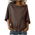 thumbnail image 2 of Aobny Dolman Sleeve Tshirts for Women Plain Cotton Linen T-shirts Brown Boat Neck 3/4 Sleeve Women T Shirt,S, 2 of 9