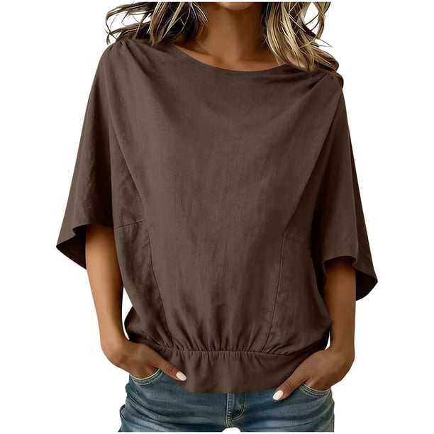 Camisas de Manga Larga para las Mujeres Suelto Ajuste Plisado Lino Cuello en V Cuarto Superior Manga de Moda de Color Sólido Blusa