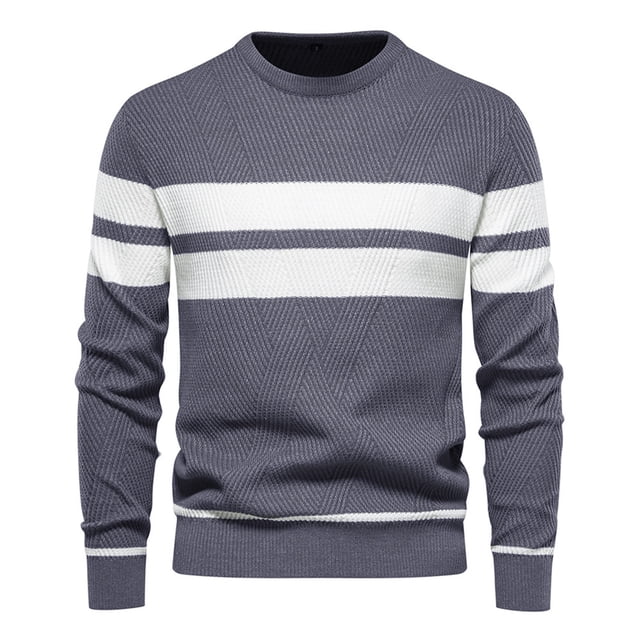 MIASHUI Chandail Décontracté à Rayures pour Hommes, Col Rond, Manches Longues, Coupe Confortable, Fil Doux, Gris, TG