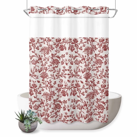No Hook Shower Curtain, Farmhouse Red Shower Curtains for Bathroom with See Through Top Window, Vintage Flower Leaf Botanical Plant Waterproof & Washable Bath Curtain Extra Long 72"x96"