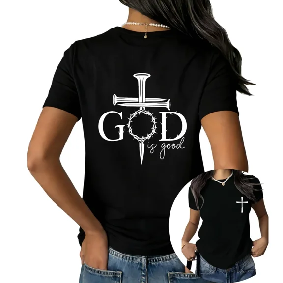 UNISHE Women's God Is Good Nail Cross Christian Graphic Short Sleeve T-Shirt Casual Cotton Crewneck Tee