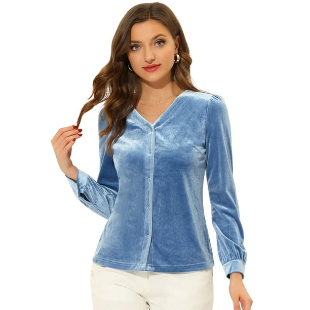 Blusa de mujer con cuello en V y manga larga de terciopelo con pliegues delanteros y botones Gris azul M