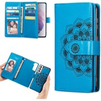 Mandala Wallet Case for Samsung Galaxy S21 Ultra 5G,Detachable 2 in 1 PU Leather Flip Case with Magnetic Button Lanyard (9Card Slots 3Pockets 1Driver's License Pocket)-Blue
