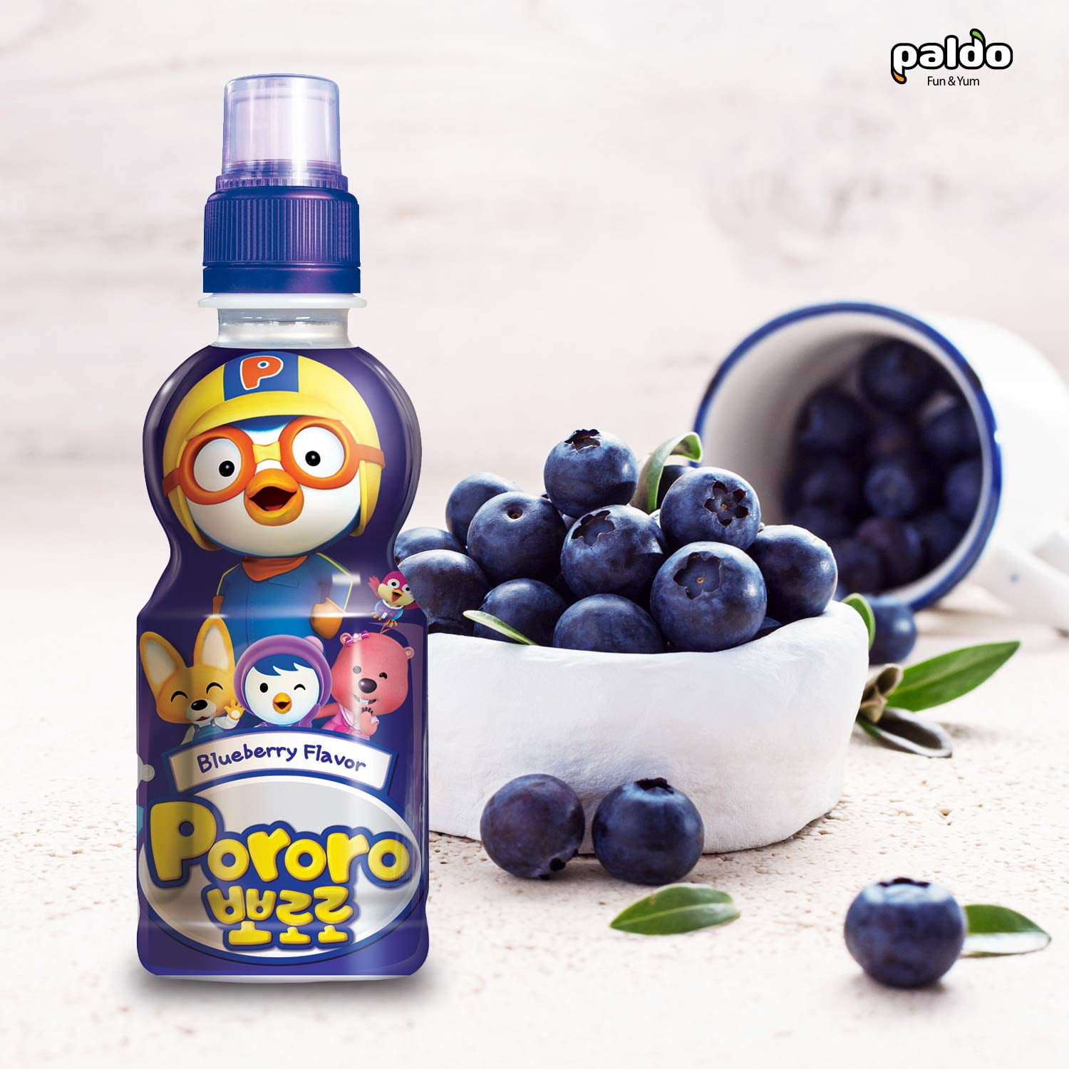 Paldo Fun & Yum Pororo Kids Blueberry Drink, 7.95 fl oz (235 ml), Pack of 8 – Fruit Juice Beverage with Push-Pull Sports Cap
