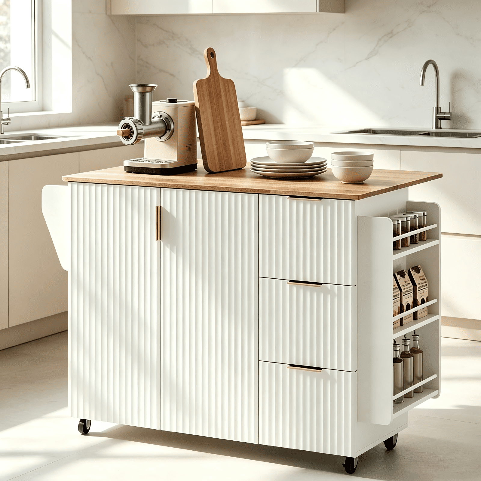2-Door 3-Drawer Grille Food Cart Champagne Gold Thermoformed Door Panels Rubber Wood Handles MDF Cabinets and Serving Sideboard, 53.03*29.17*36.02in White