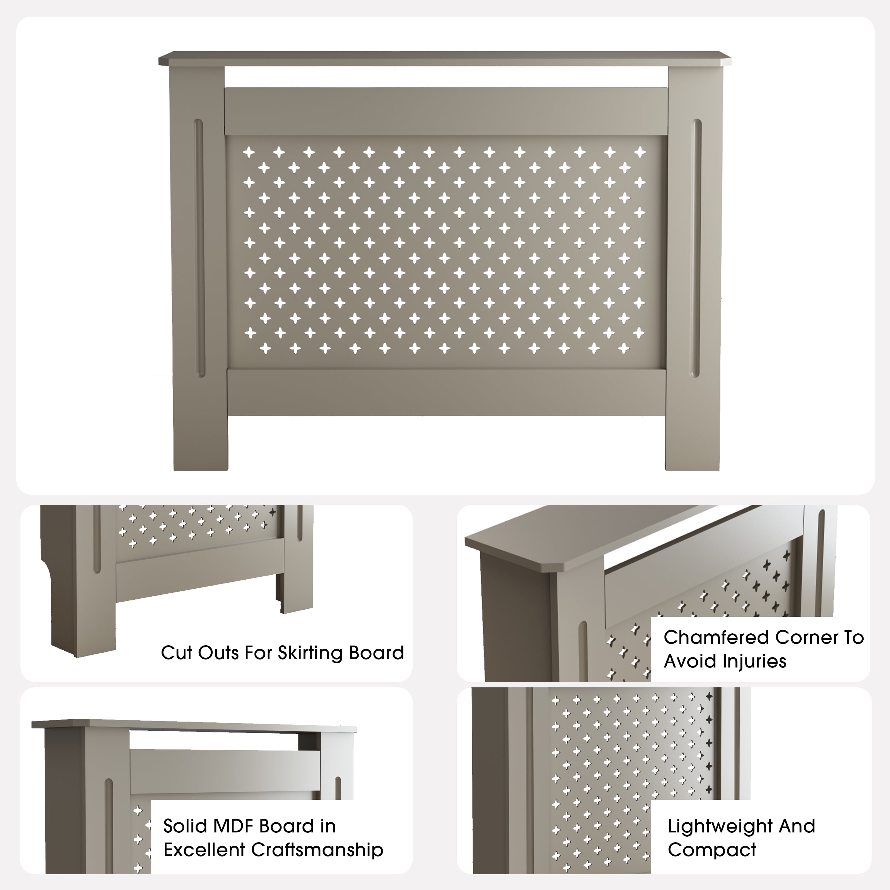 MDF Radiator Cover with Perforated Front Panel and Top Display Shelf, Natural Finish, 44.1 in W x 7.5 in D x 32.5 in H