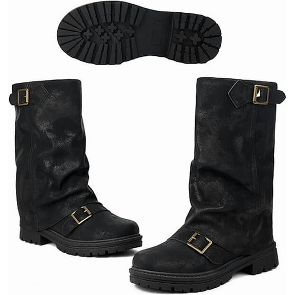 Women's Leather Slouchy platform Buckle Mid-Calf Boots Comfort Wide Round Toe Slip On lug sole Motorcycle Combat Boots
