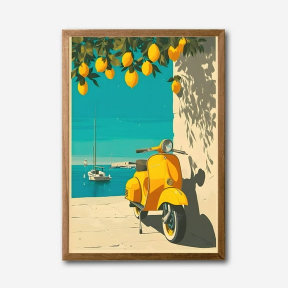 Mediterranean Vespa & Lemon Tree by the Sea Modern Canvas Wall Art