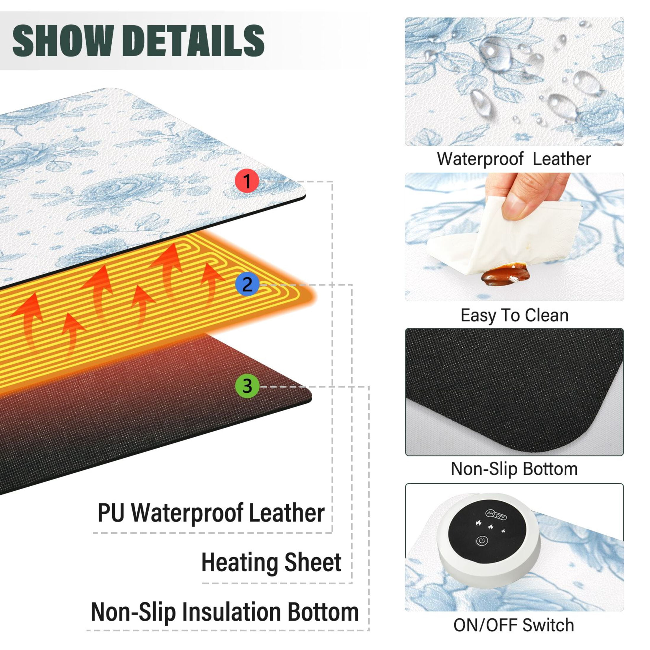 Large Heated Desk Mat Mouse Pad 31.5"x13"PU Leather Graphene Heating Desk Warmer with 3 Temperature Settings 110V US Plug Non-Slip Warm Pad for Home, Office, and Gaming Elegant Blue Rose Garden