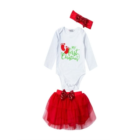 

3Pcs Casual Newborn Baby Girl Xmas Outfit Clothes Top Romper+Tutu Dress Skirts Set