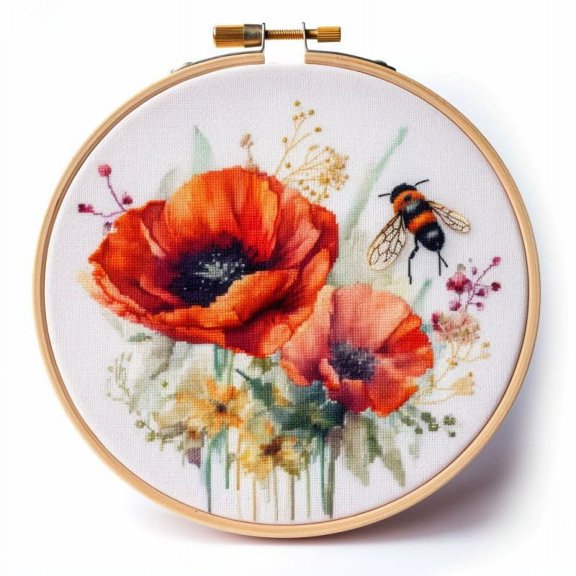 Counted Easy Cross Stitch Kits Poppies & Bee Color Stamped Embroidery for Starter Kits DIY 11CT Stamped Patterns Embroidery Needlework Kit Supplies 12 Inch Hoop Included(160-A)